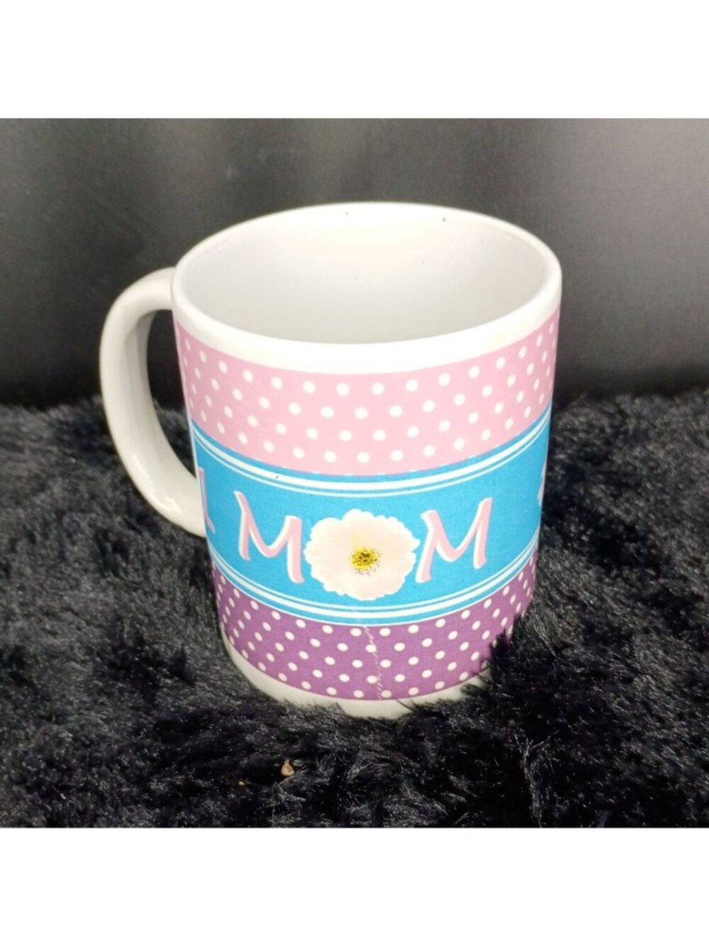#1 Mom‎ Ceramic Mug Pink & Purple Polka Dot Design Floral Accent 11oz Coffee Tea